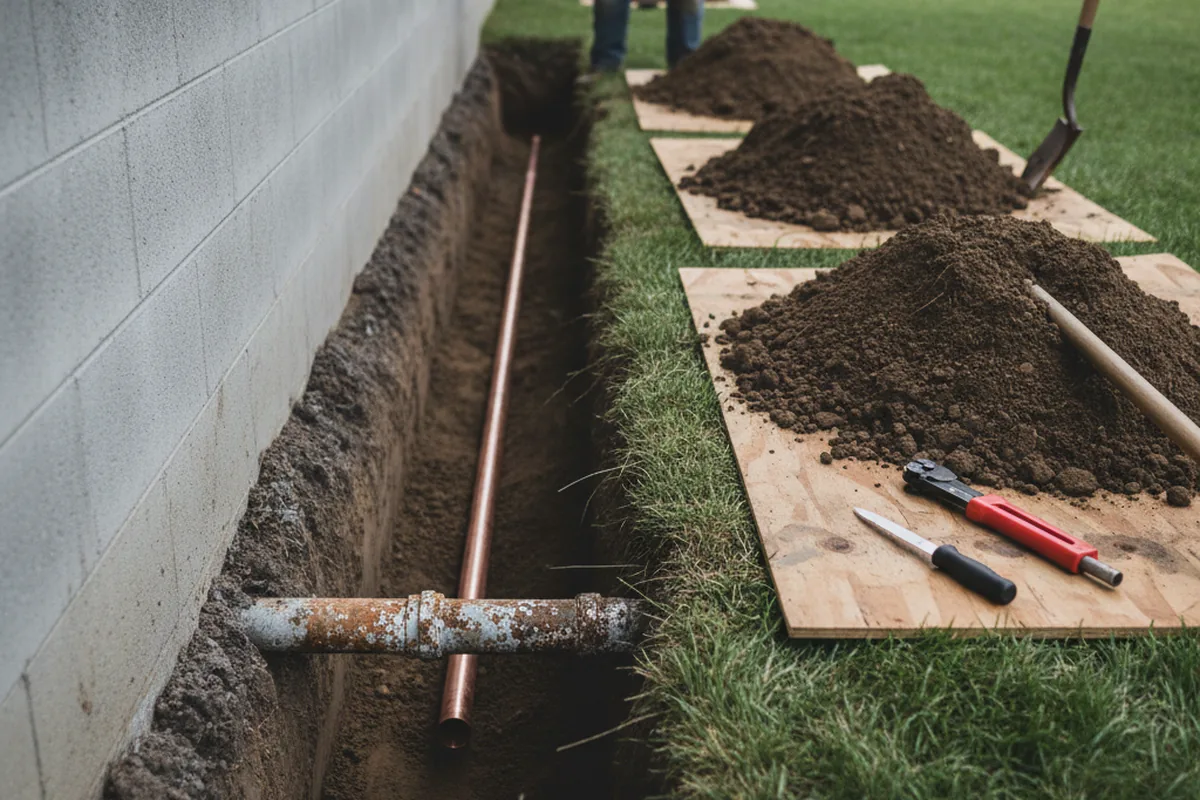 Excavated water line trench during Water Softener Installation in Albany
